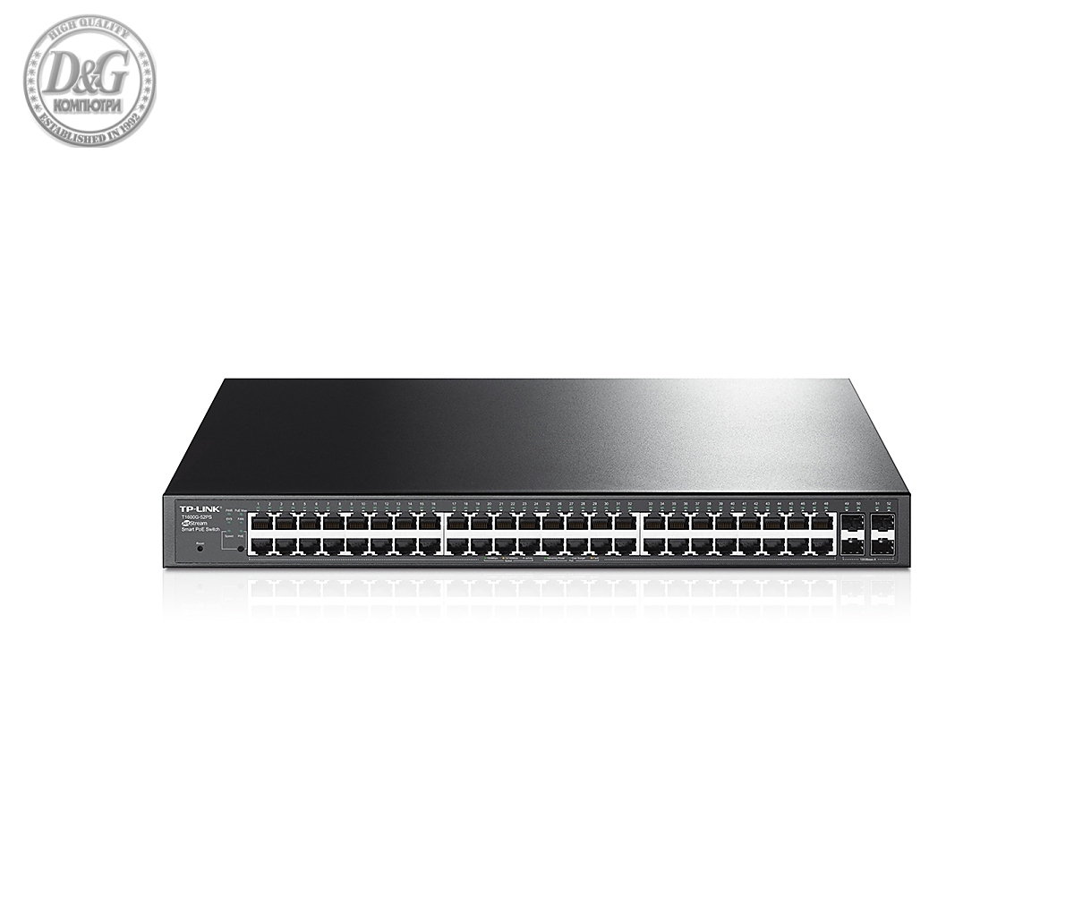 Комутатор TP-LINK T1600G-52PS, 48-port Gigabit PoE+ порта, 4 SFP slots, управляем