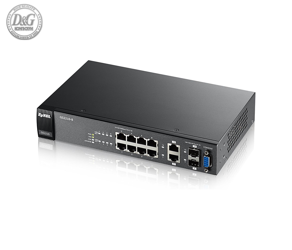 Комутатор ZyXEL GS2210-8, 8x GbE + 2x GbE (SFP/RJ45) порта, L2+, IGMP, MVR, DHCP, ARP