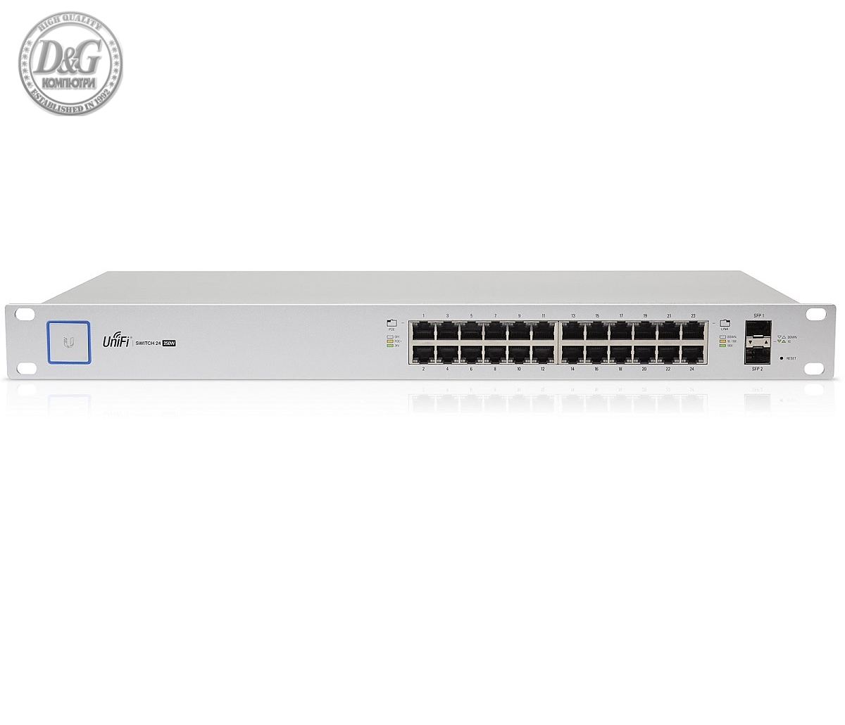 Комутатор Ubiquiti US-24-250W, 24-портов Gbit PoE+, 2xSFP слота, 250W, управляем