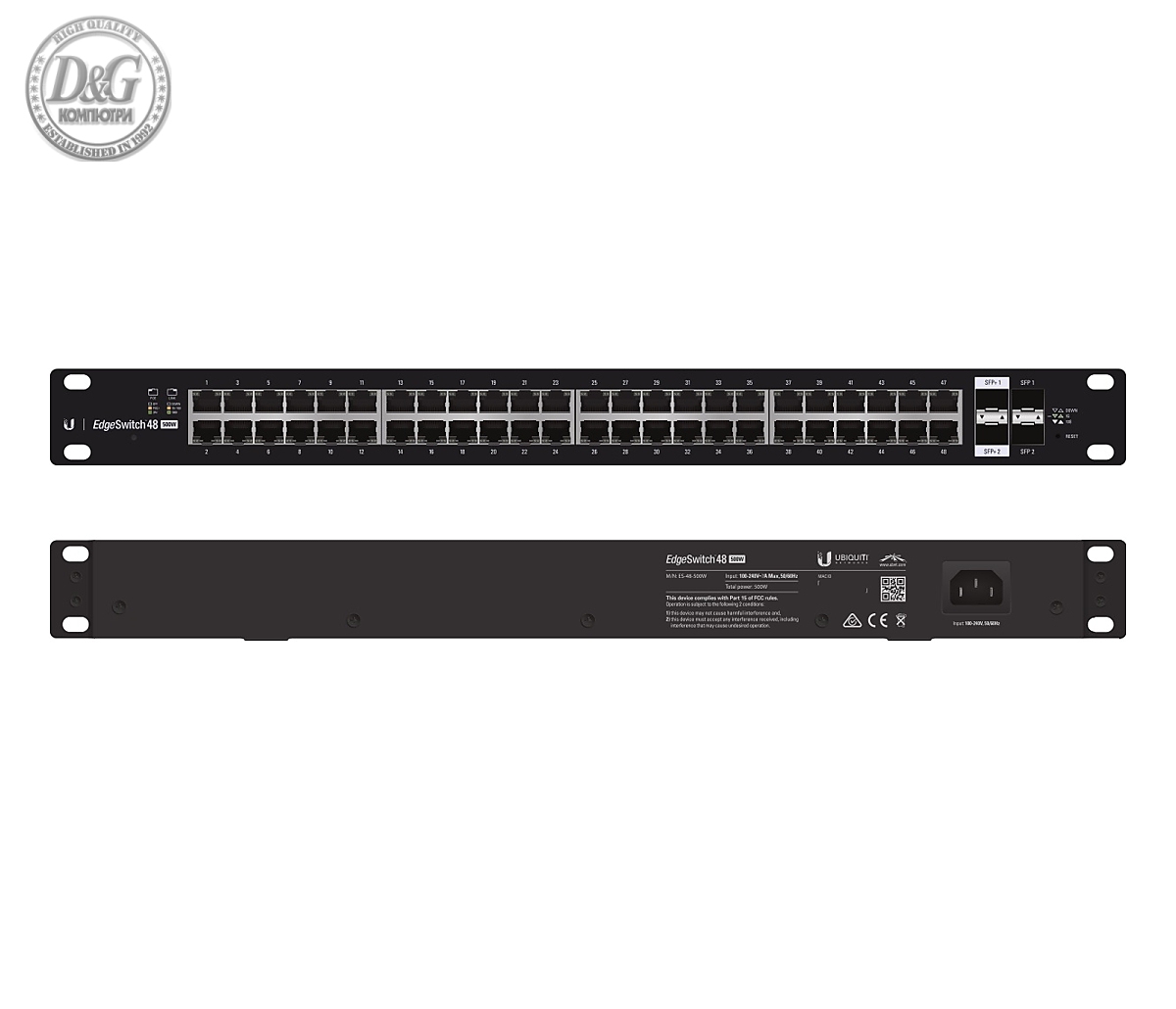 Комутатор Ubiquiti ES-48-500W, 48-портов Gbit PoE+, 2xSFP слота, 500W, управляем