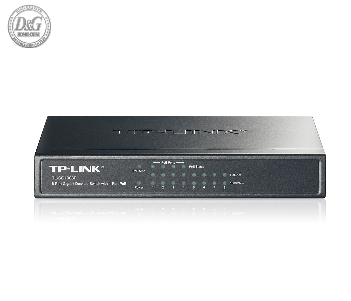 Комутатор TP-LINK TL-SG1008P, 8x GbE, 4x PoE порта, неуправляем, метален, външно захранване