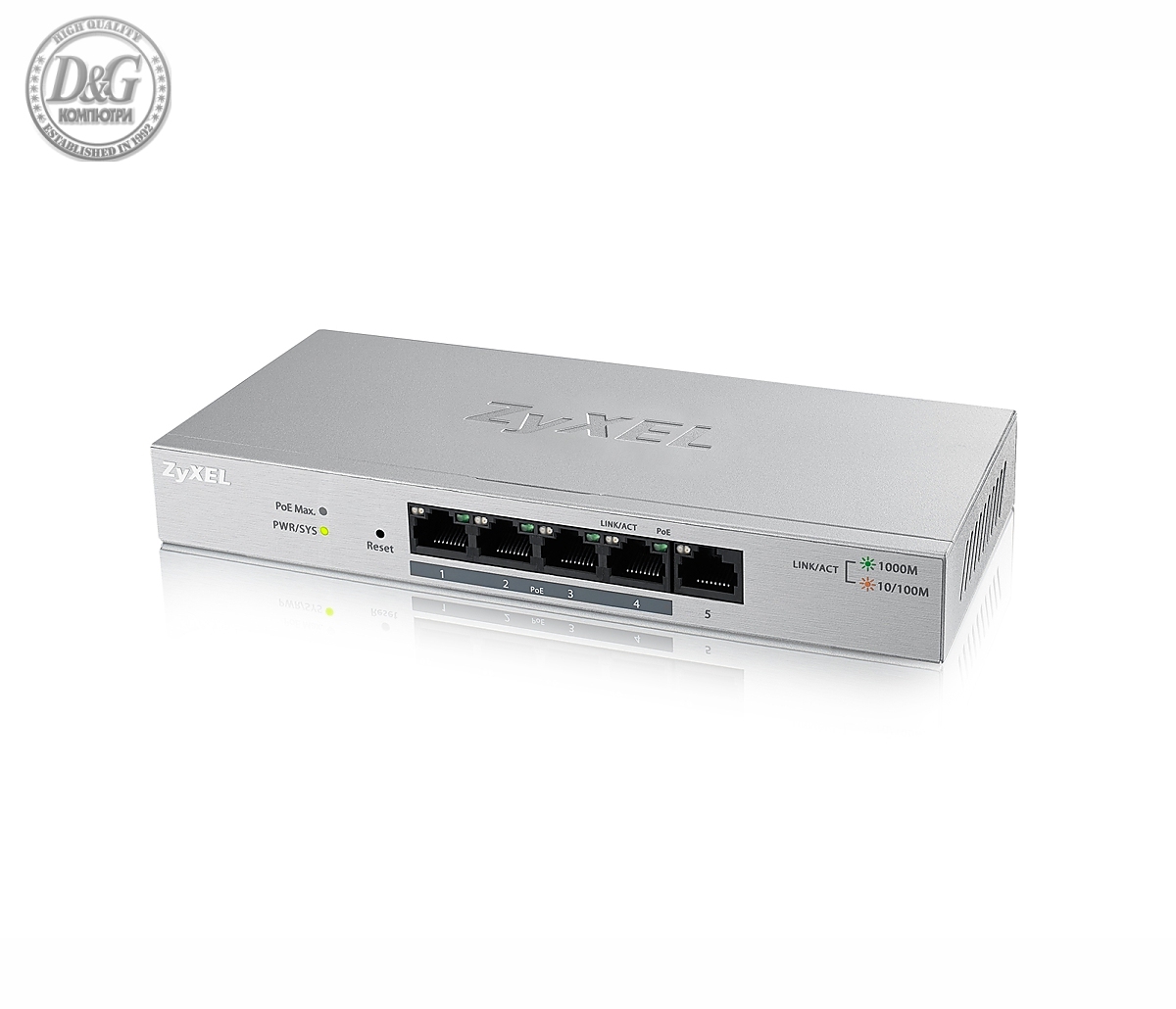 Комутатор ZyXEL GS1200-5HP, 5x GbE PoE+ порта, 4x PoE+, Web Smart, настолен