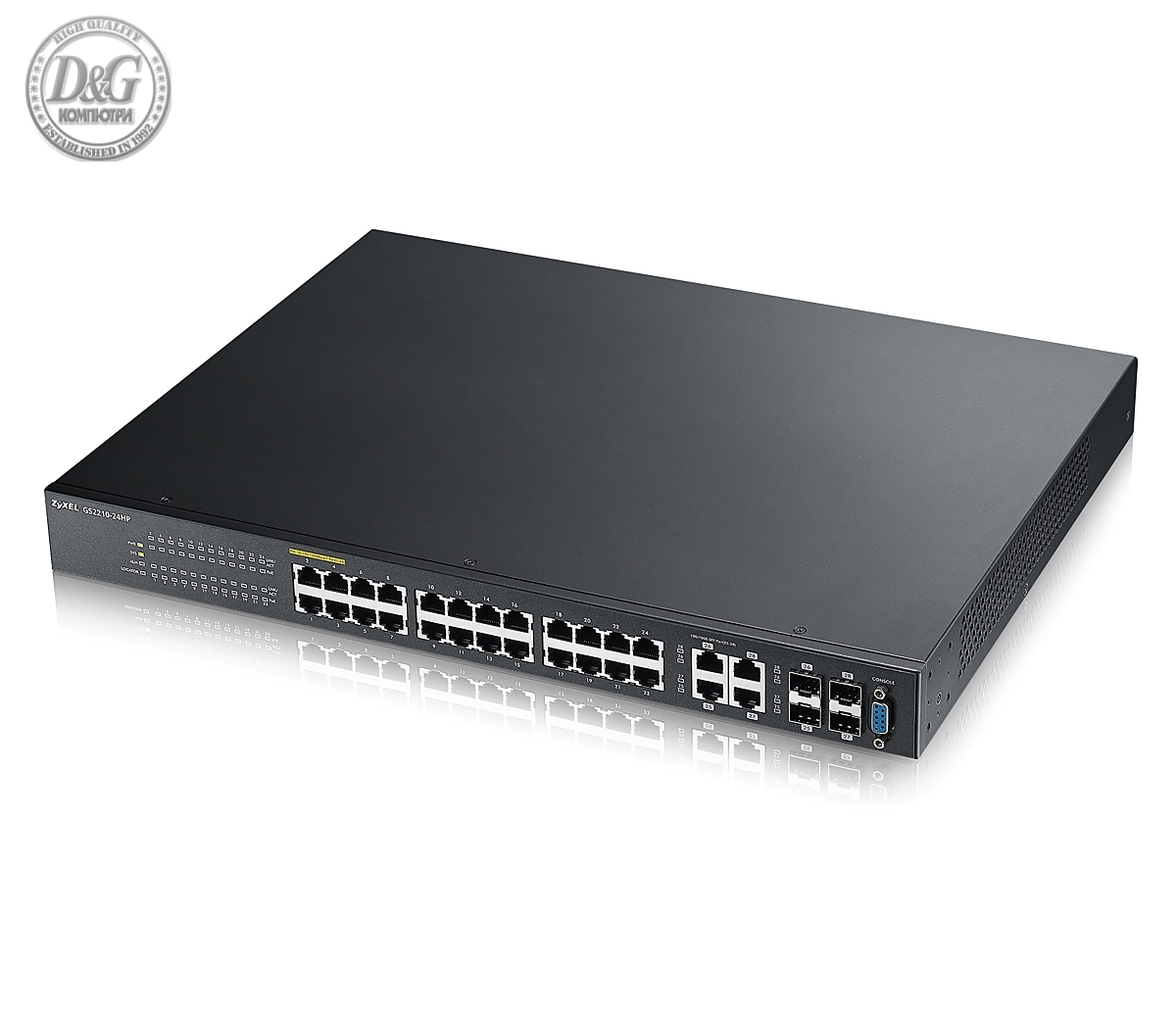 Комутатор ZyXEL GS2210-24HP, 24x GbE PoE+ порта + 4x SFP/RJ45, L2+, IGMP, MVR, DHCP, ARP, PoE бюджет 375W