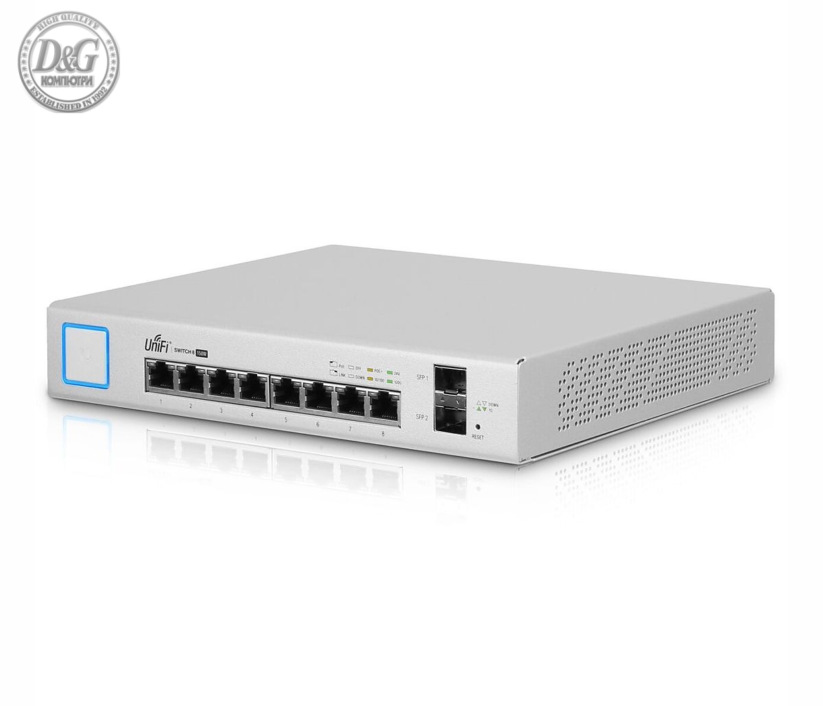 Комутатор Ubiquiti US-8-150W, 8-порта PoE+ GbE, 2xSFP слота, 150W