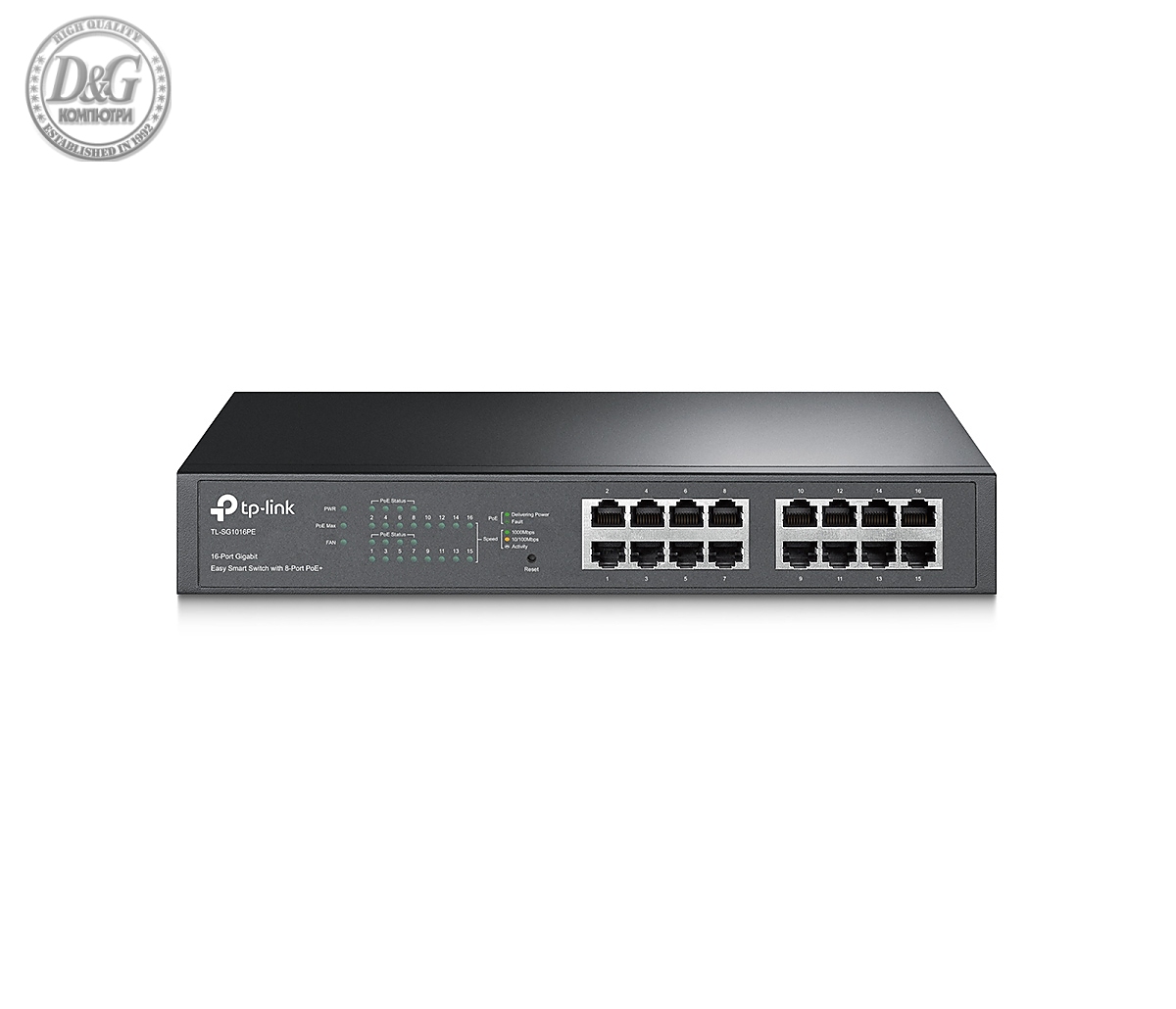 Комутатор TP-LINK TL-SG1016PE, 16х GbE RJ45 порта, 8 x PoE+, 110W макс., Desktop/Rack