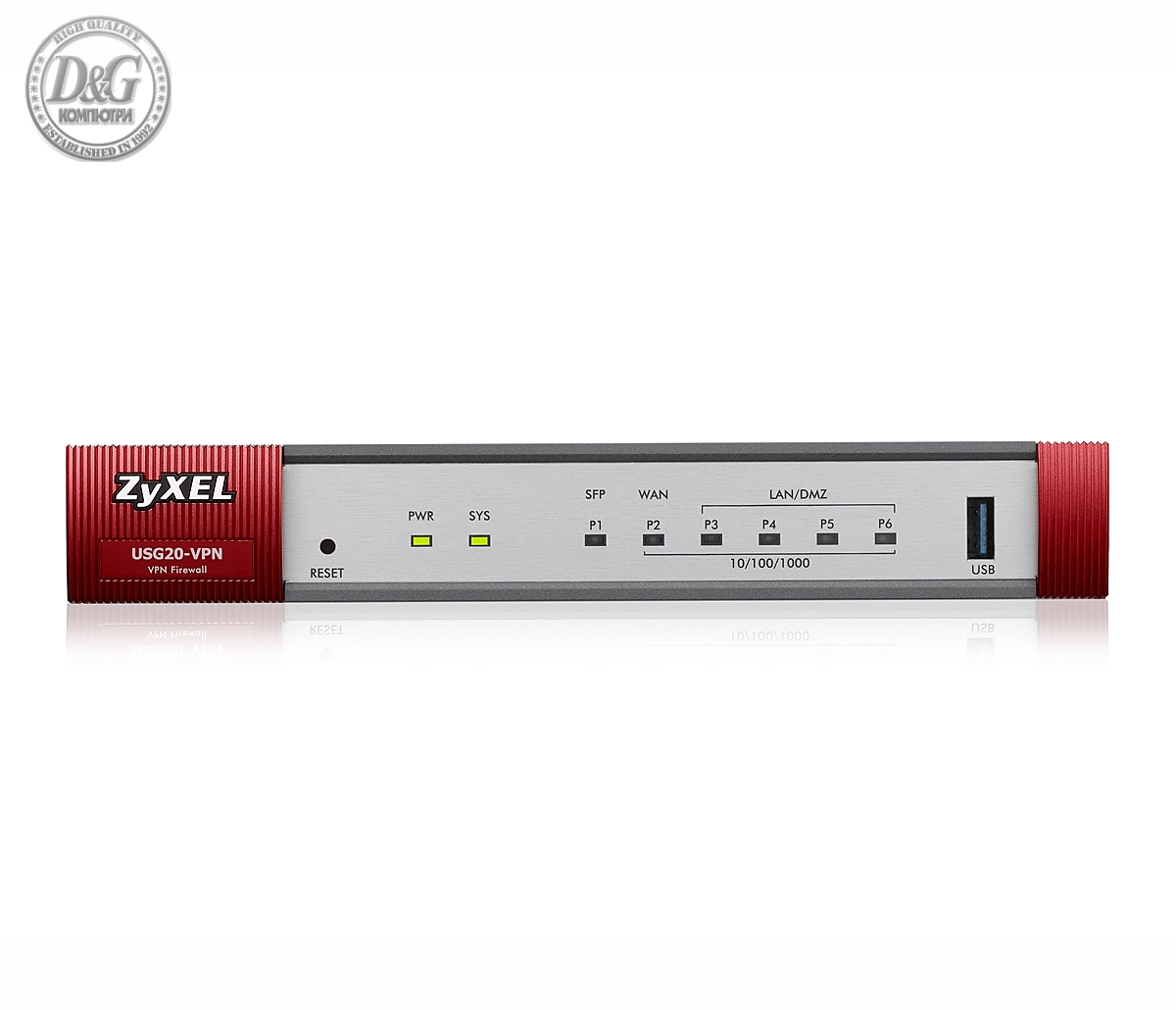 Защитна стена ZyXEL USG20-VPN, 10x VPN IPSec/ 15 SSL, 1x WAN, 1x SFP, 4x LAN/DMZ, 1x USB порт