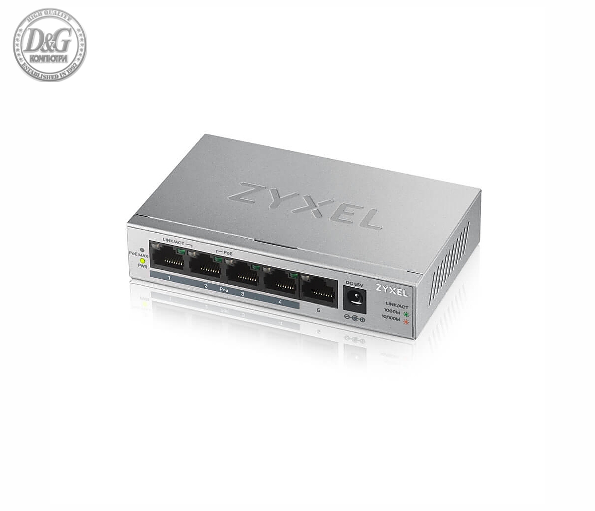 Комутатор ZyXEL GS1005HP, 5x GbE порта, 4x PoE+, неуправляем, настолен, 60W