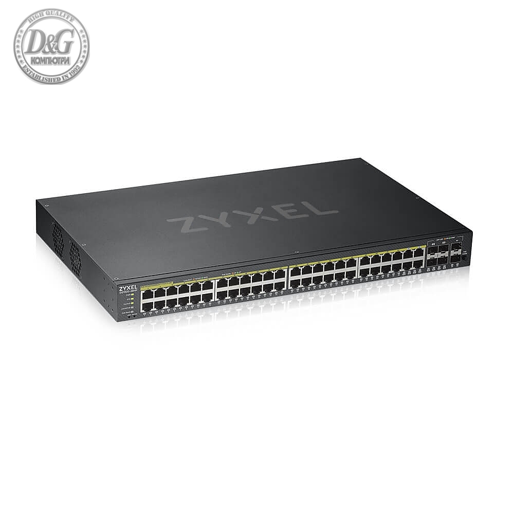 ZyXEL GS1920-48HPv2, 50 Port Smart Managed PoE Switch 44x Gigabit Copper PoE and 4x Gigabit dual pers., hybrid mode, standalone or NebulaFlex Cloud, 375 Watt PoE