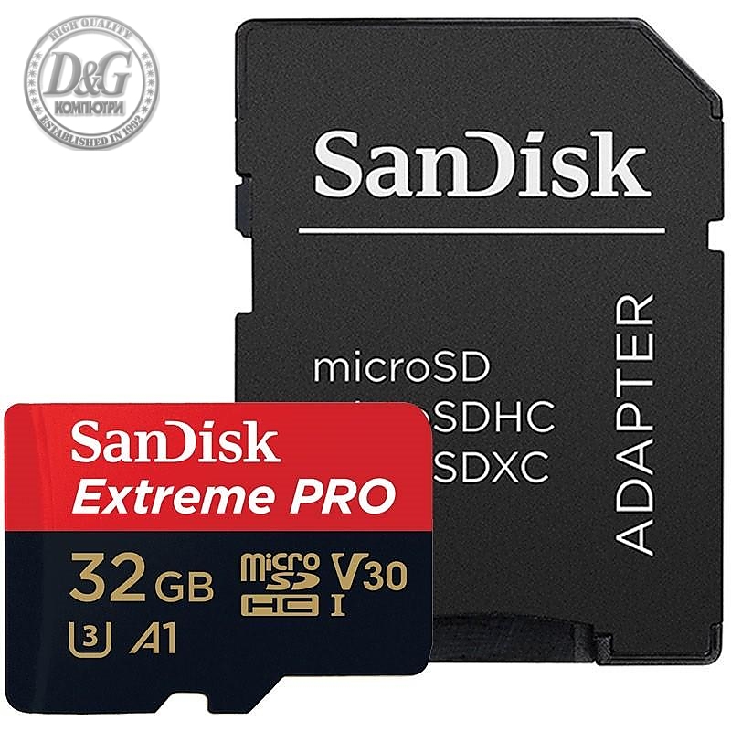 К°р‚° п°мµ‚ Sandisk Extreme&reg; Pro microSDHC Card, 32GB, SD Adapter, Class 10, A1, V30, UHS-I, U3, 100Mb/s