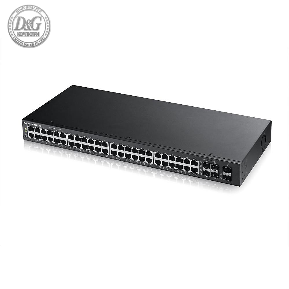 Суич ZYXEL GS1920-48, 44х GbE порта, 4х Combo порта SFP/RJ-45, управляем, за монтаж в шкаф