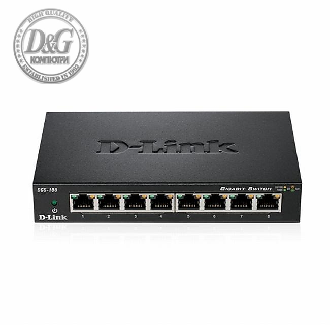 Суич D-Link DGS-108/E, 8 портов, 10/100/1000, Gigabit, метален корпус