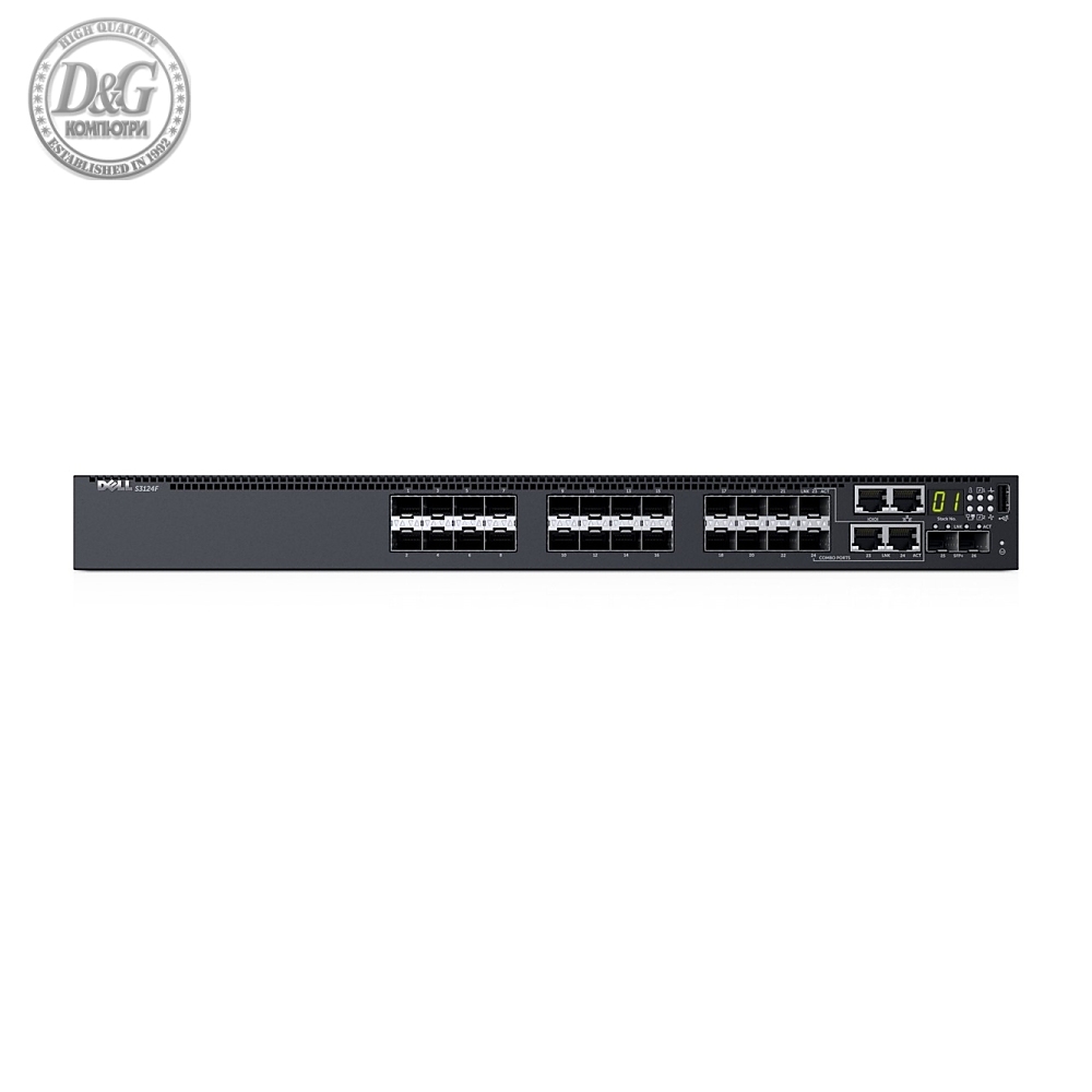 Dell Networking S3124F, L3, 24x 1GbE SFP, 2xCombo, 2x 10GbE SFP+ fixed ports, Stacking, IO to PSU air, 1x AC PSU, 3Y PS NBD, STOCK Smart Value, 210-AIMS