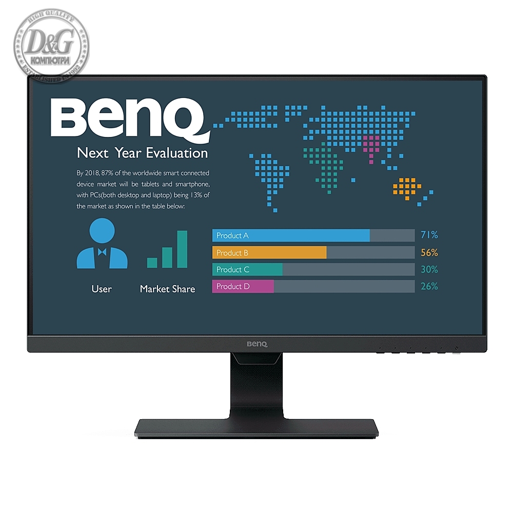 BenQ BL2480, 23.8'' IPS, 5ms, 1920x1080 FHD, Stylish Eye Care Monitor, 72% NTSC, Flicker-free, B.I., LBL, 1000:1, DCR 20M:1, 8 bit, 250cd/m2, VGA, HDMI, DP, Audio Line In, Speakers, Tilt, Slim Bezel Design, Black