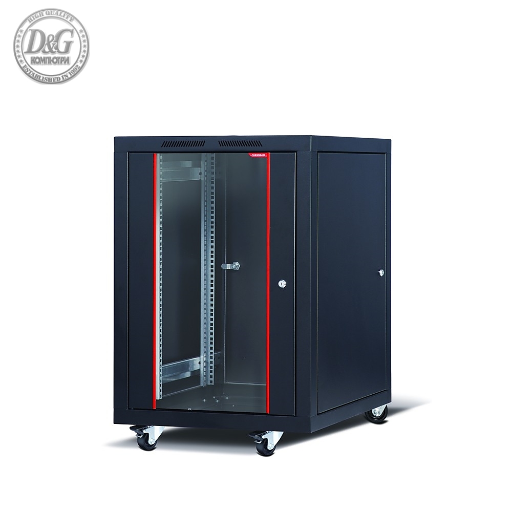 Formrack 19" Free standing rack 16U 600/1000mm, height: 942 mm, loading capacity: 600 kg, front tempered glass door, openable locking sides and back (does not include castor/feet group)