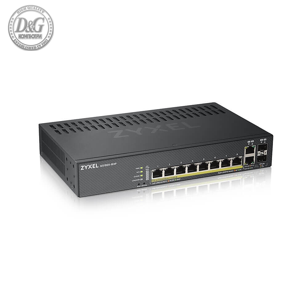 ZyXEL GS1920-8HPv2, 10 Port Smart Managed Switch 8x Gigabit Copper and 2x Gigabit dual pers., hybrid mode, standalone or NebulaFlex Cloud, 130 Watt PoE, fanless