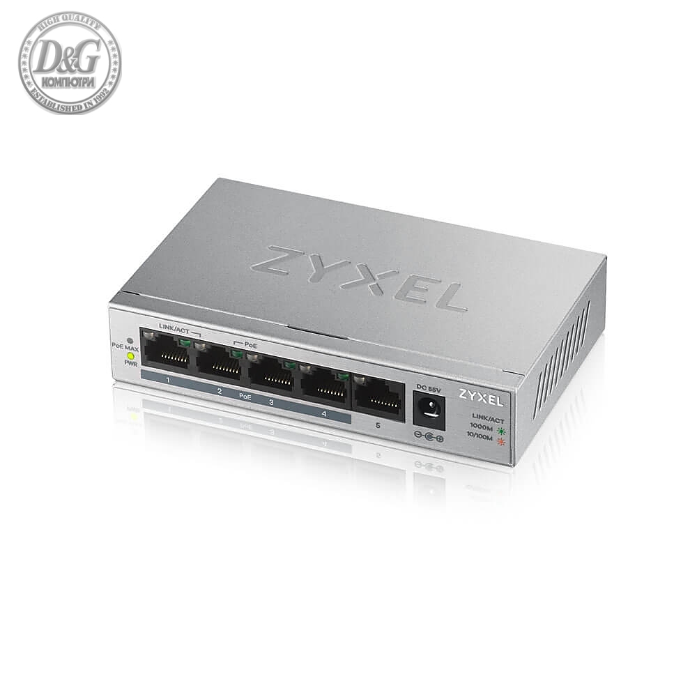 ZyXEL GS1005-HP, 5 Port Gigabit PoE+ unmanaged desktop Switch, 4 x PoE, 60 Watt