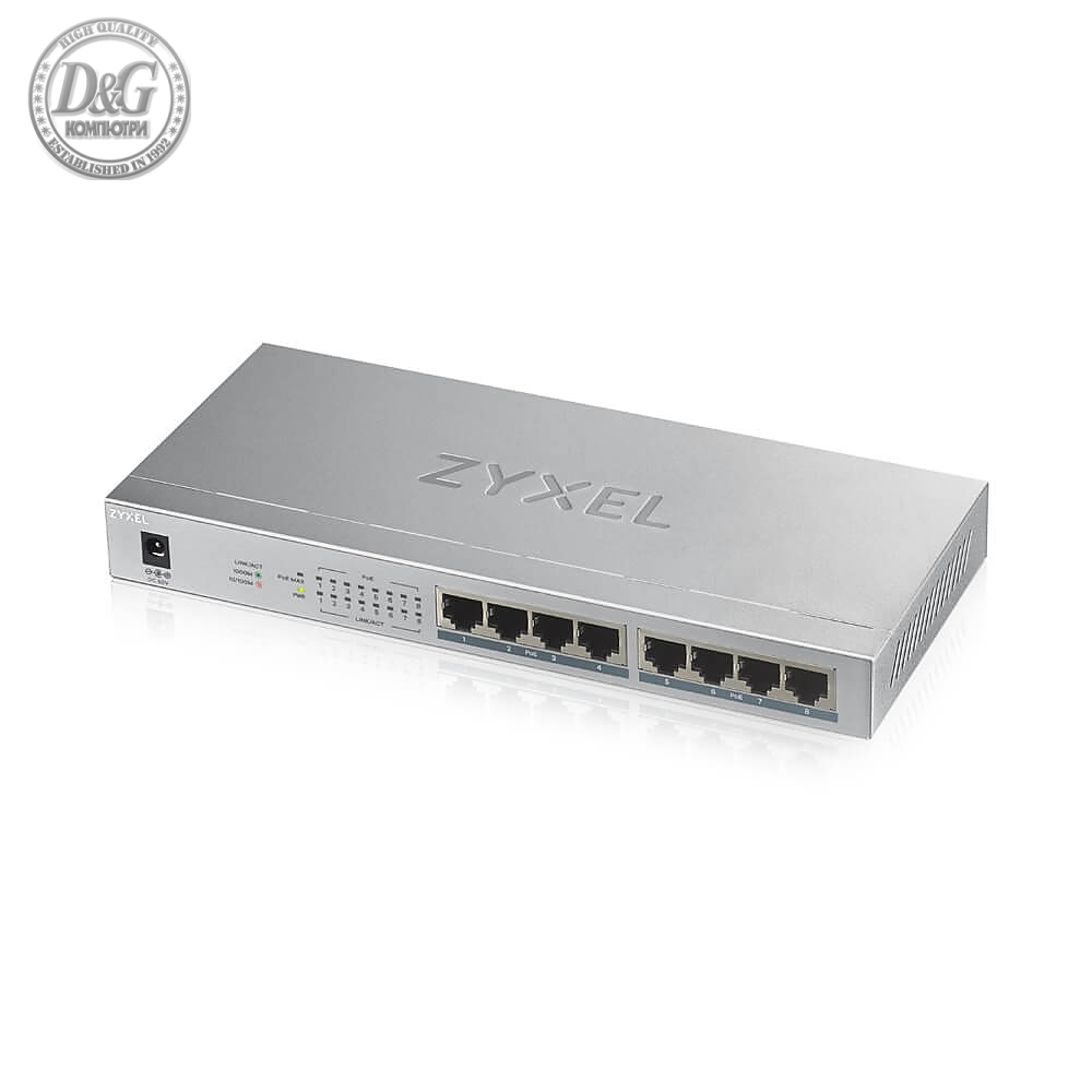 ZyXEL GS1008-HP, 8 Port Gigabit PoE+ unmanaged desktop Switch, 8 x PoE, 60 Watt