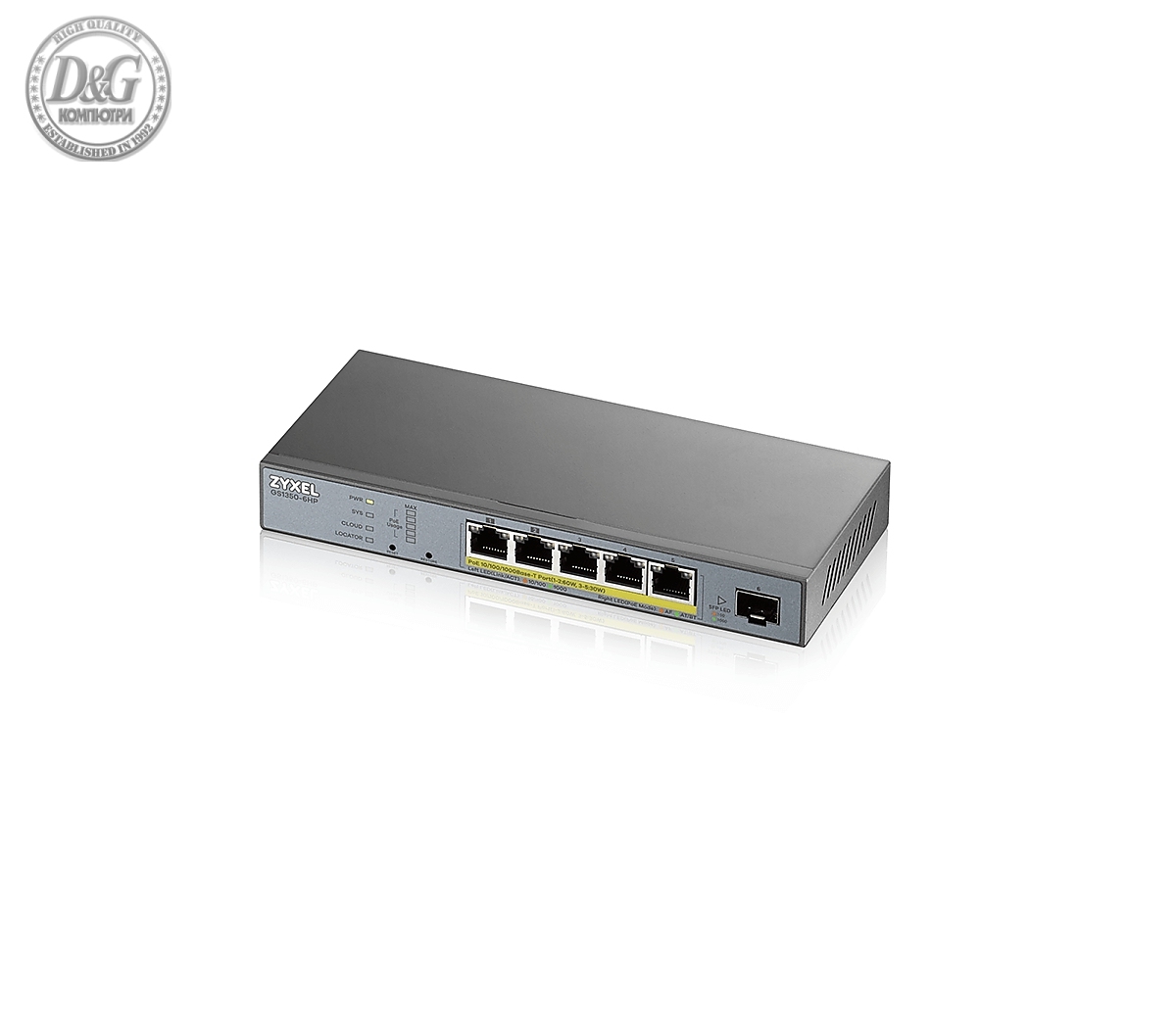 Комутатор ZyXEL GS1350-6HP-EU0101F, 5 x GbE порта, 1 x SFP, управляем, PoE