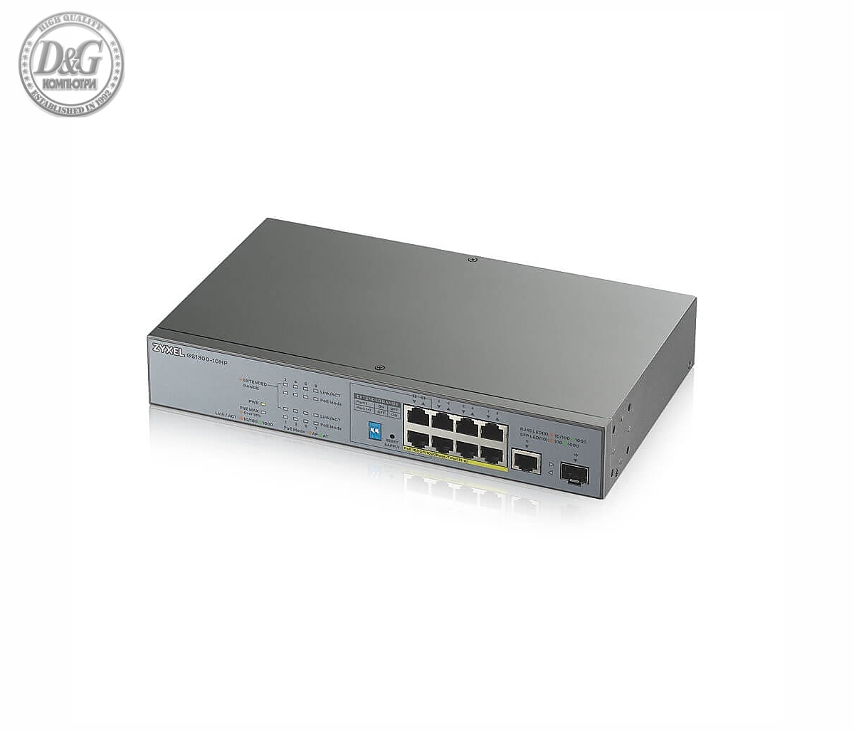 Комутатор ZyXEL GS1300-10HP-EU0101F, 9 x GbE порта, 1 x SFP, неуправляем, PoE