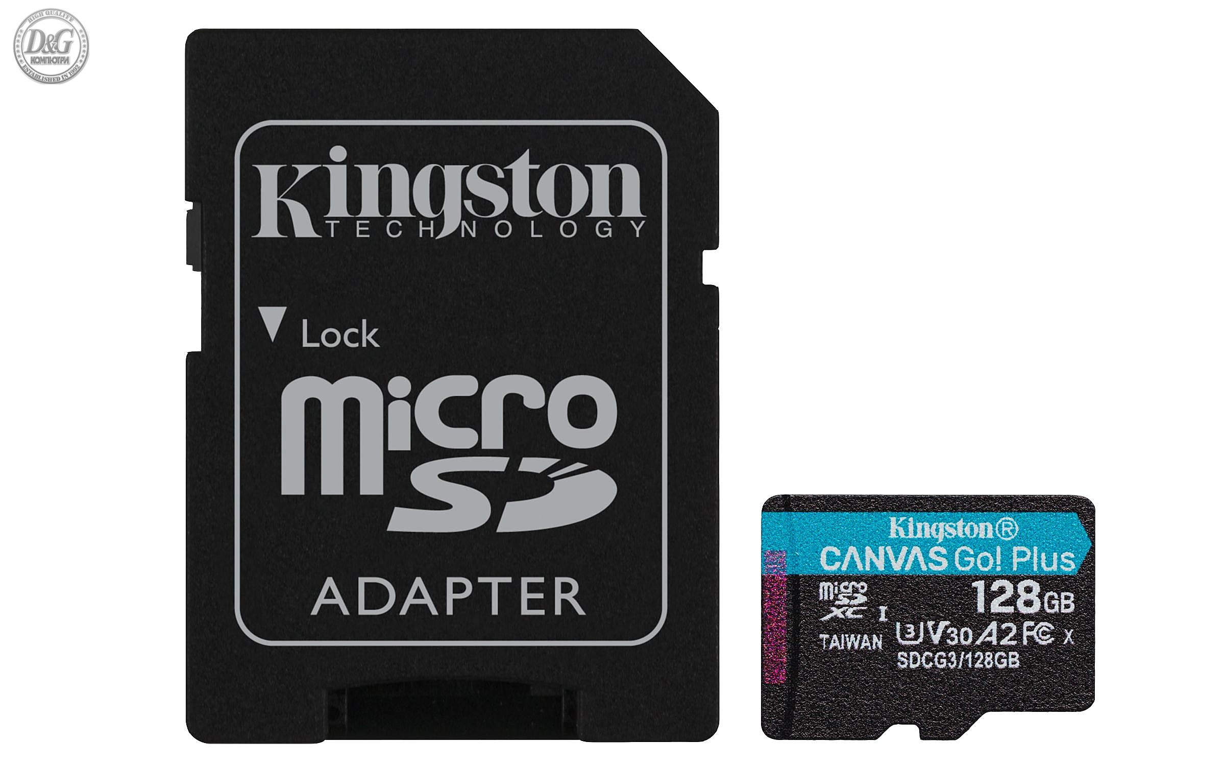 Карта памет Kingston Canvas Go! Plus, 128GB, UHS-I, Class 10, U3, V30, A2, Адаптер