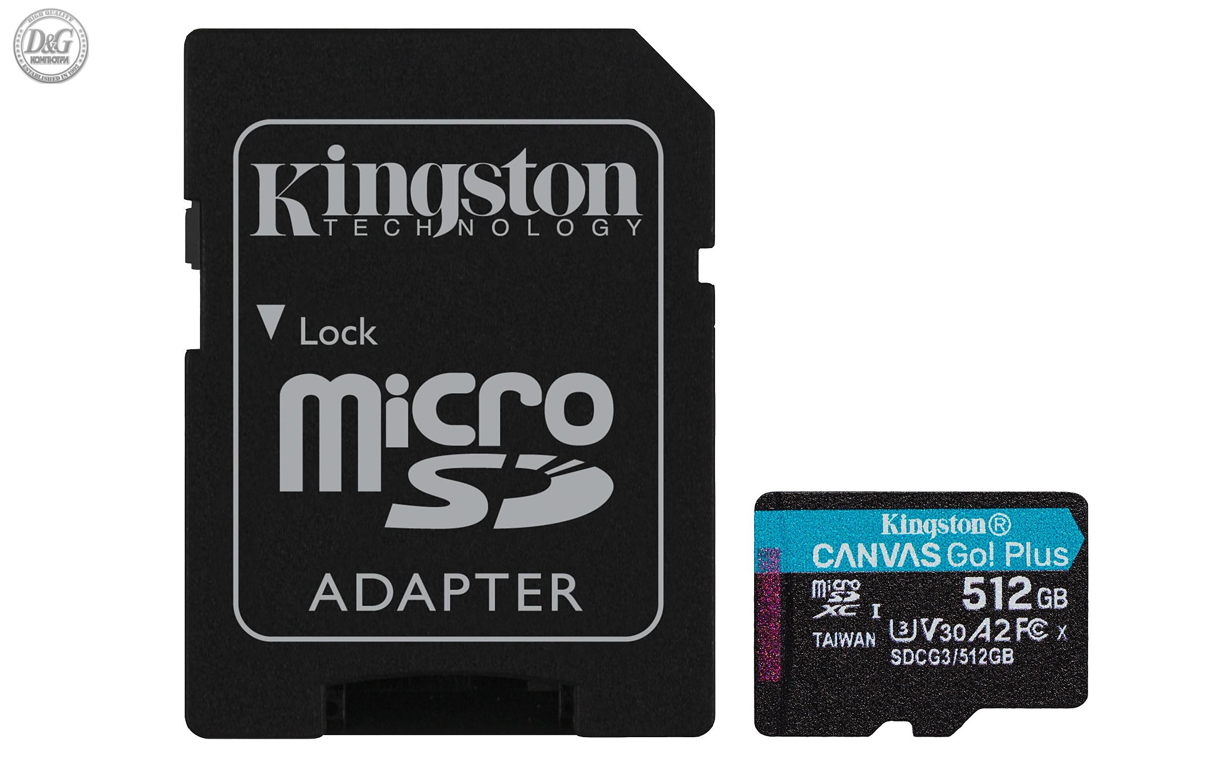 Карта памет Kingston Canvas Go! Plus, 512GB, UHS-I, Class 10, U3, V30, A2, Адаптер