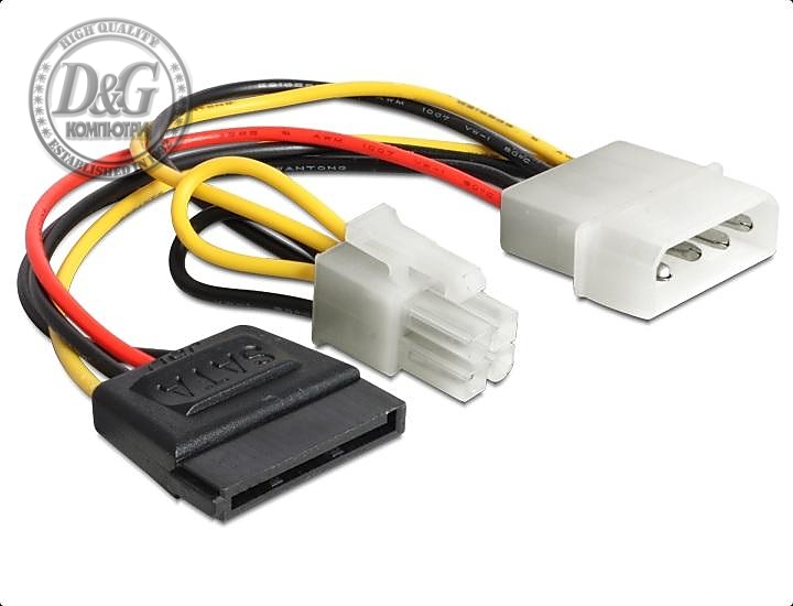 Кабел DeLock Power Molex 4 pin мъжко към SATA 15 pin женско + P4 мъжко, 15 cm