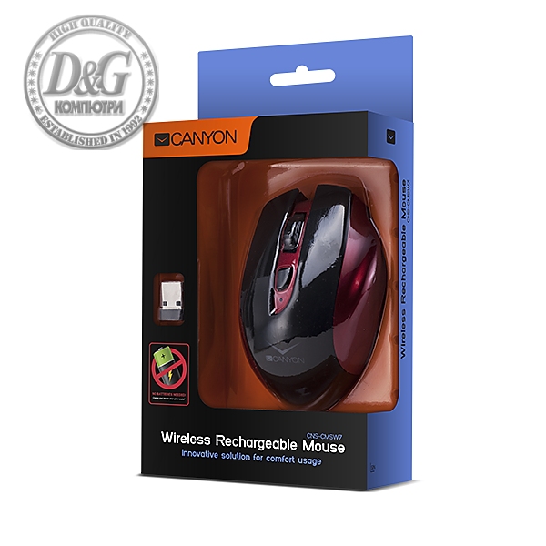 CANYON 2.4GHz Wireless Rechargeable Mouse with 4 buttons, innovative solution for comfort usage, requires no batteries, the ability to charge from the USB port and from the usual outlets, up to 14 days on a single charge, sensor resolution 800/1200/1600 D