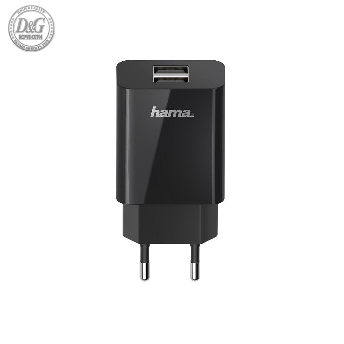 Мрежово зарядно HAMA Universal, 2 x USB-A, 2.1 A, Черен