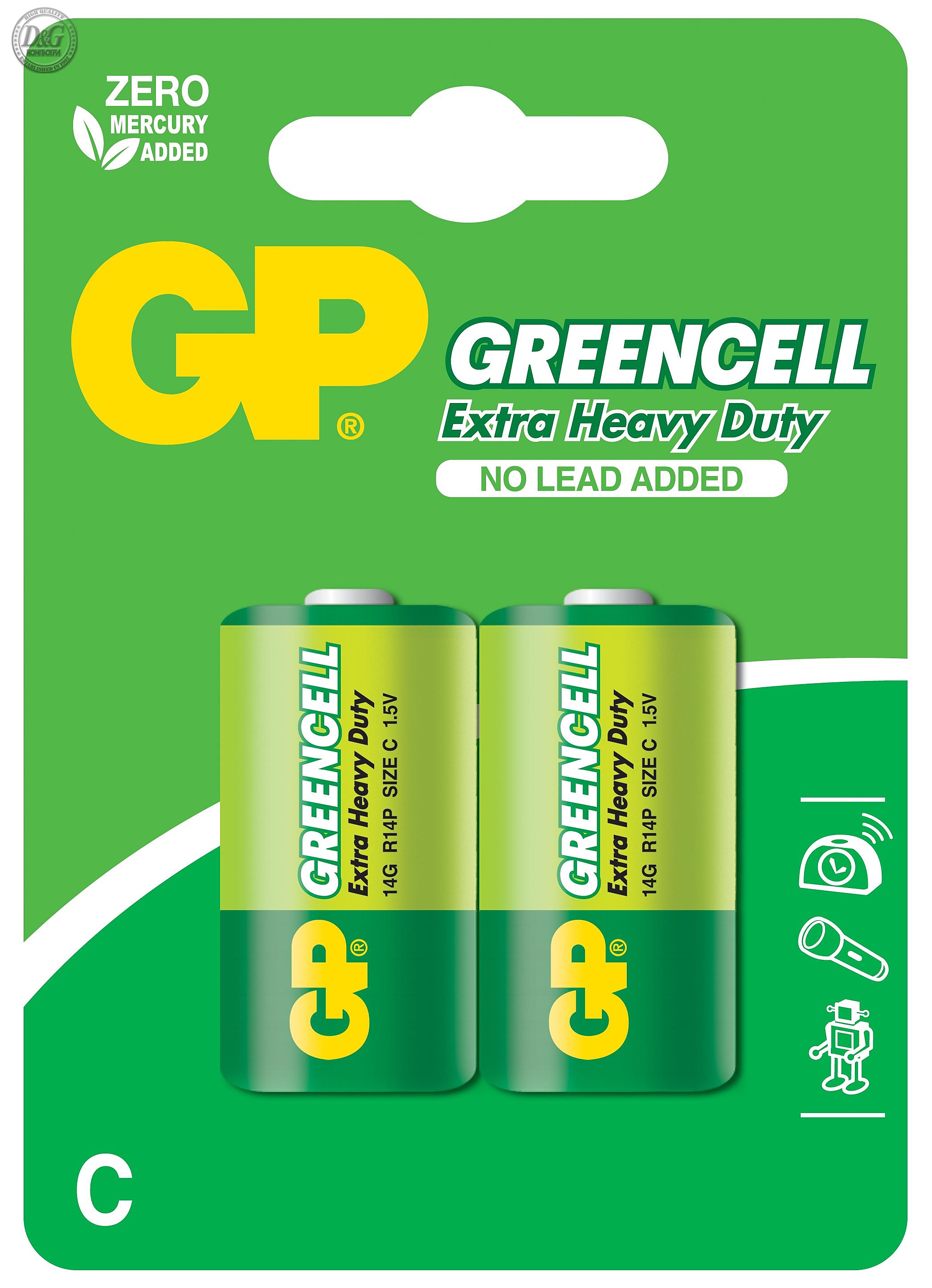 Цинк карбонова батерия GP R14 14G-U2 Greencell /2 бр. в опаковка/ BLISTER 1.5V