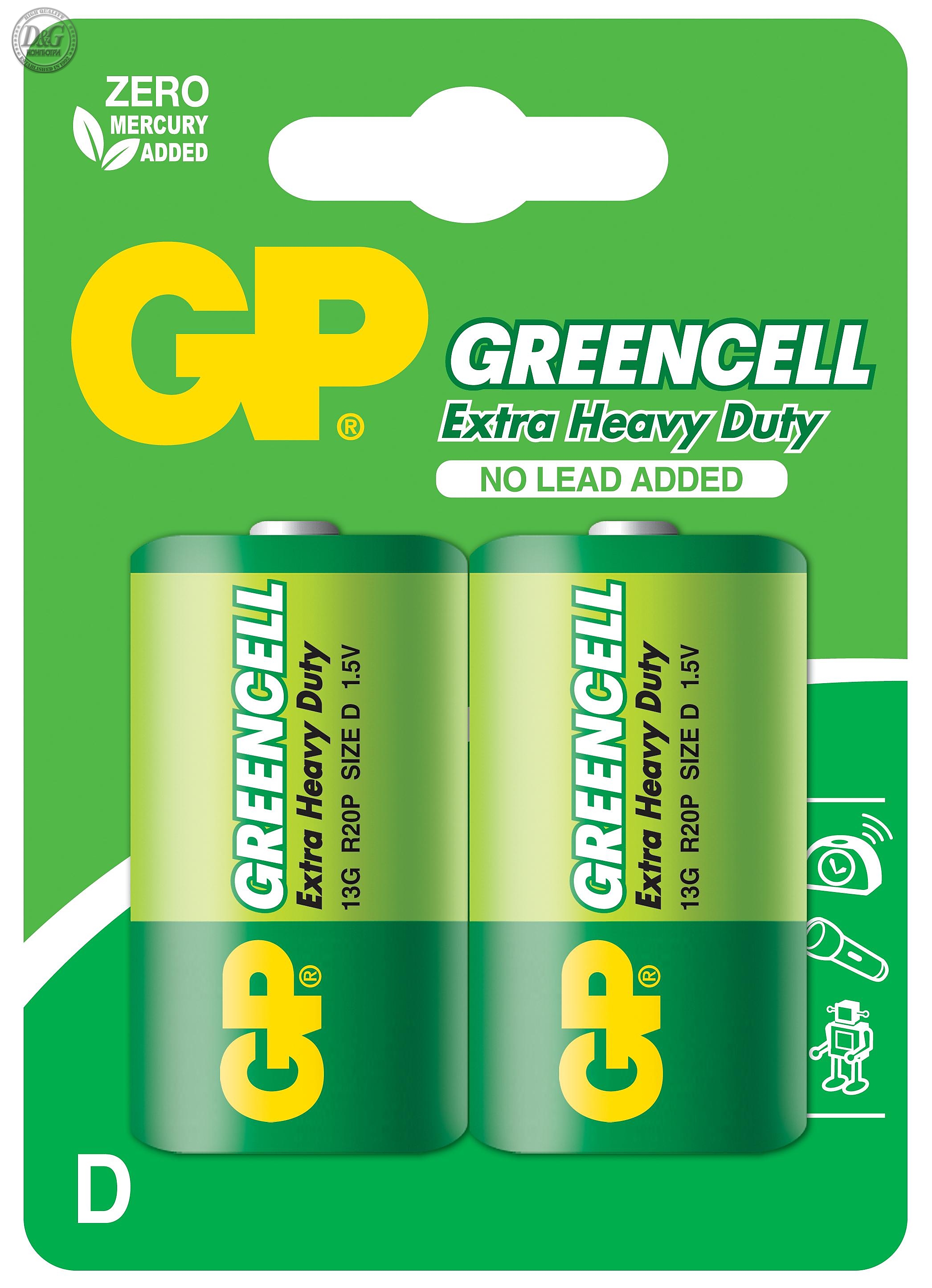 Цинк карбонова батерия R20 Greencell 13G-U2 /2 бр. в опаковка/ blister 1.5V GP