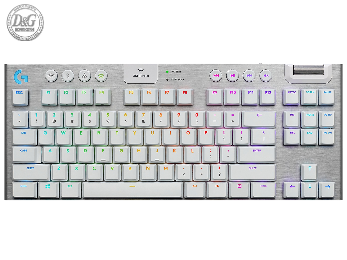 Безжична геймърска механична клавиатура Logitech, G915 TKL White Lightsync RGB, Tactile суичове