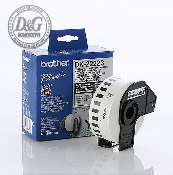 Brother DK-22223 White Continuous Length Paper Tape 50mm x 30.48m, Black on White