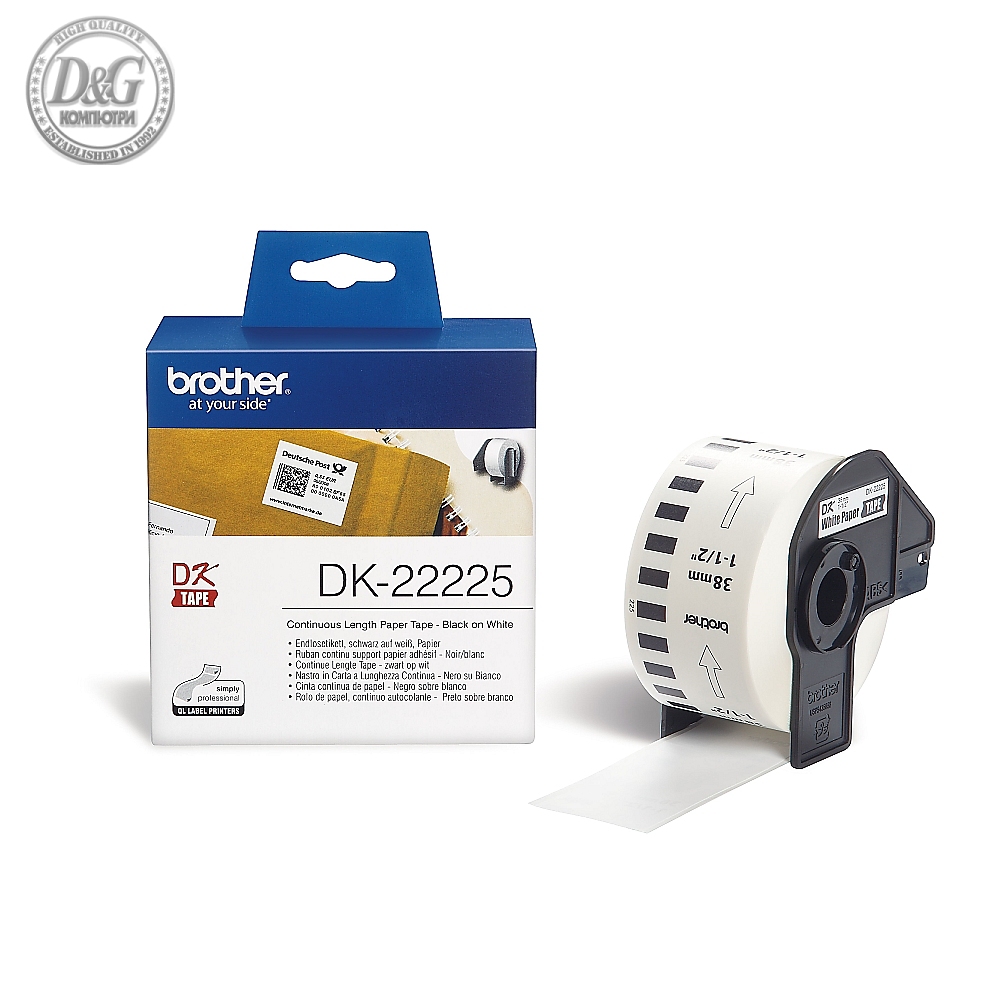 Brother DK-22225 White Continuous Length Paper Tape 38mm x 30.48m, Black on White