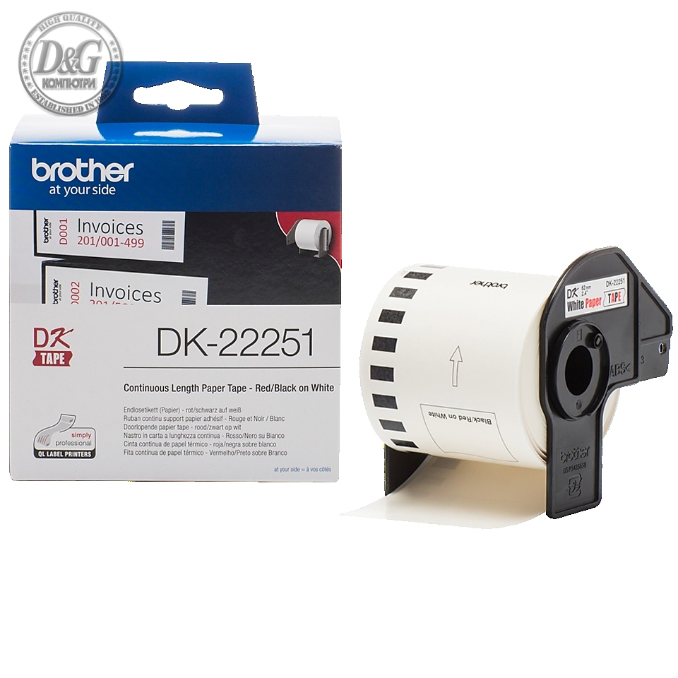 Brother DK-22251 Roll, Black and Red on White Continuous Length Paper Tape, 62mm x 15.24m