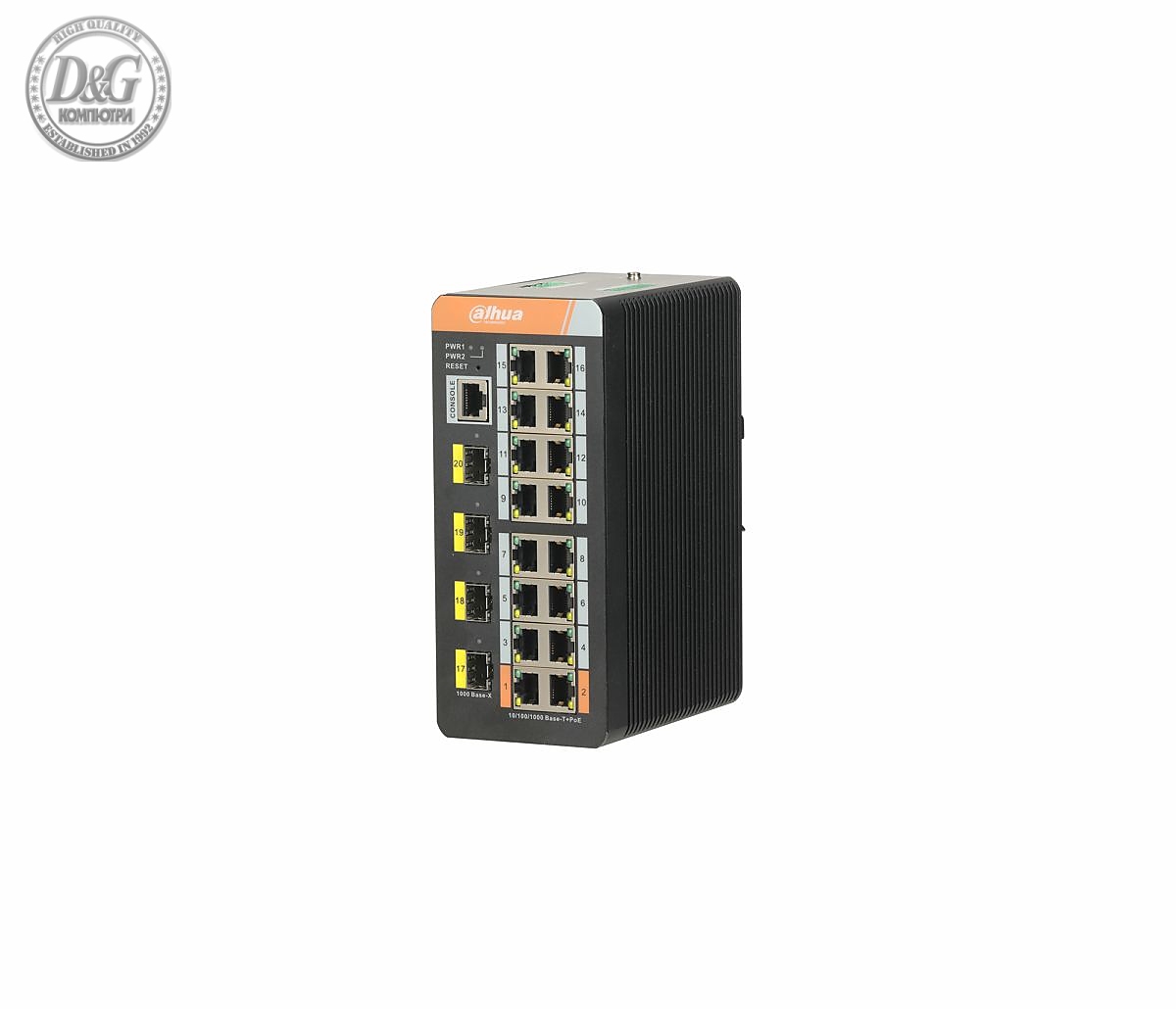 Комутатор Dahua PFS4420-16GT-DP, 20-портов гигабитов промишлен  с 16-PoE порта, управляем