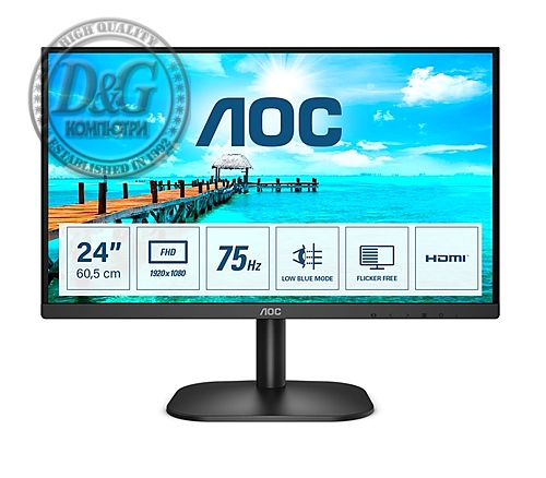 AOC 24B2XHM2, 23.8" VA WLED, 1920x1080@75Hz, 4ms GTG, 250cd/m2, 3000:1, DC20M:1, FlickerFree, Low Blue Light, Tilt, D-SUB, HDMI