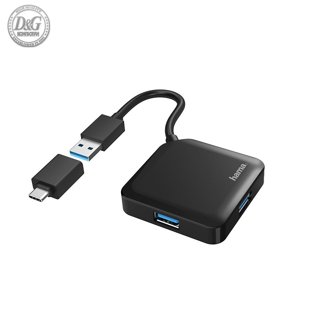 USB хъб HAMA, USB-А 4-портов, USB 3.2 Gen 1, 5 Gbit/s, USB-C адаптер, Черен