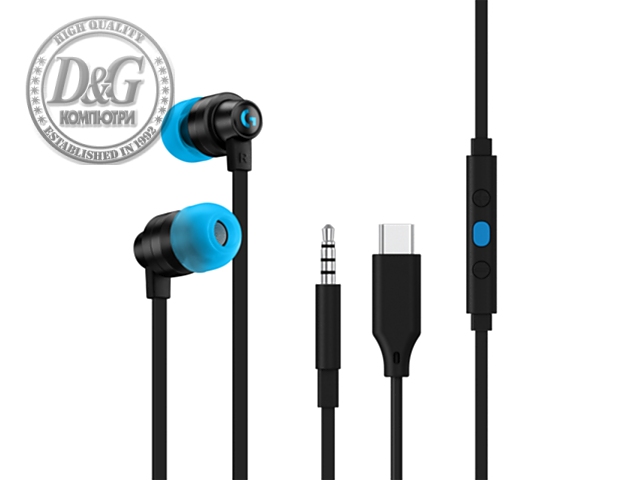 Геймърски слушалки с микрофон Logitech G333 In-ear 3.5 mm + USB-C adapter, тапи жични, черни