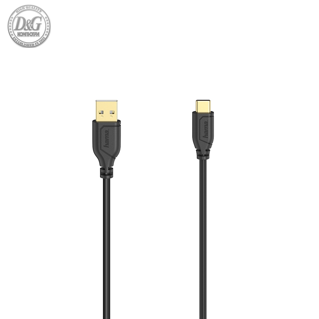 Кабел Hama Flexi-Slim USB-C - USB-A 2.0 мъжко, 0.75м,тънък, позлатен, черен