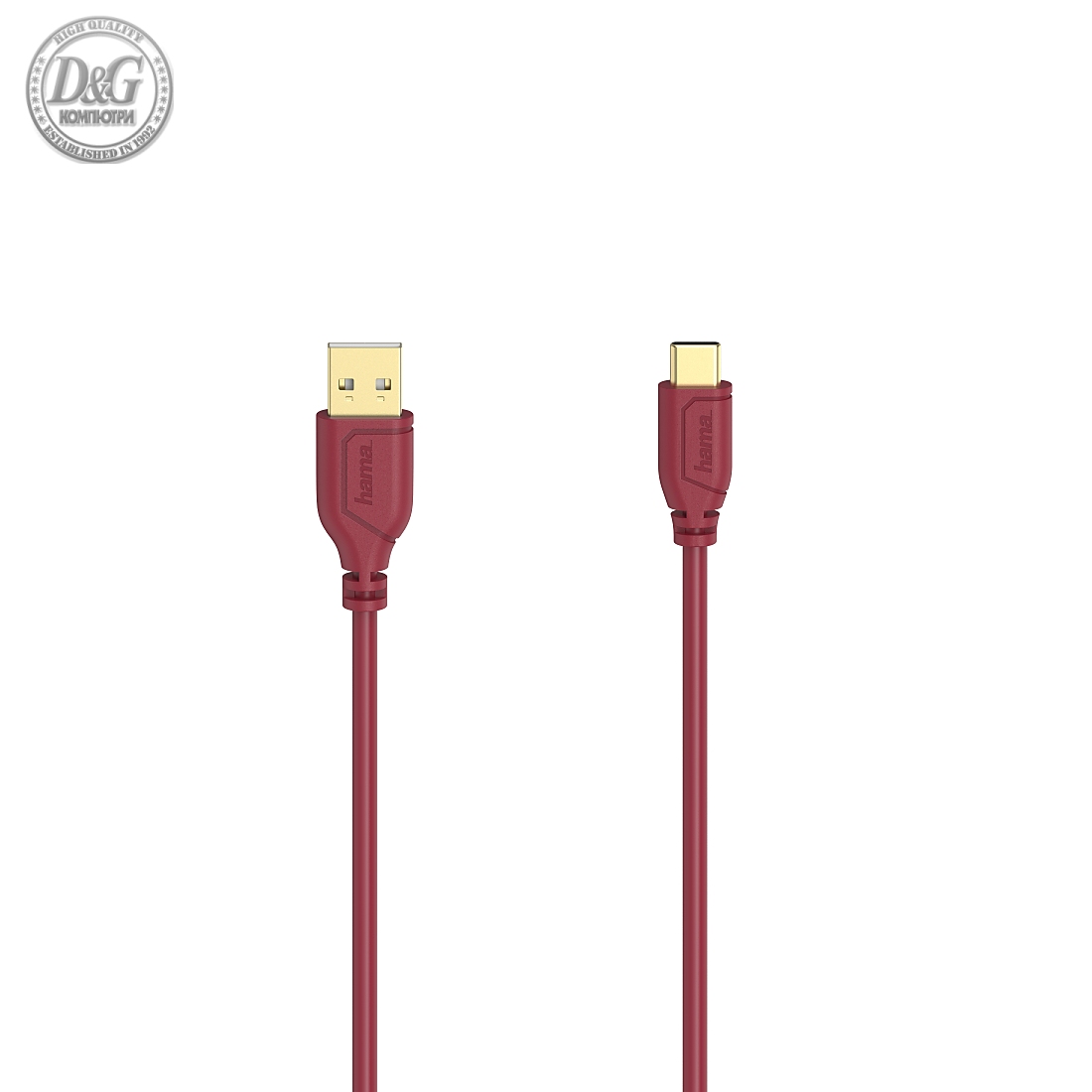 Кабел Hama Flexi-Slim USB-C - USB-A 2.0 мъжко, 0.75м,тънък, позлатен, червен