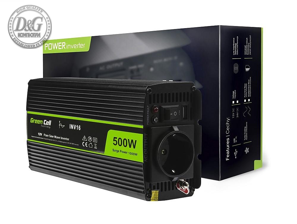 Инвертор 12/220 V  DC/AC 500W/1000W  Pure sine wave GREEN CELL