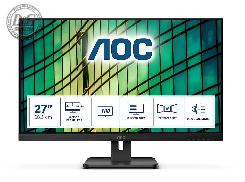 AOC 27E2QAE, 27" IPS WLED, 1920x1080@75Hz, 4ms GTG, 250cd/m2, 1000:1, 20M:1 DCR, Adaptive Sync, FlickerFree, Low Blue Light, 2Wx2, Tilt, Swivel, D-SUB, HDMI, DP