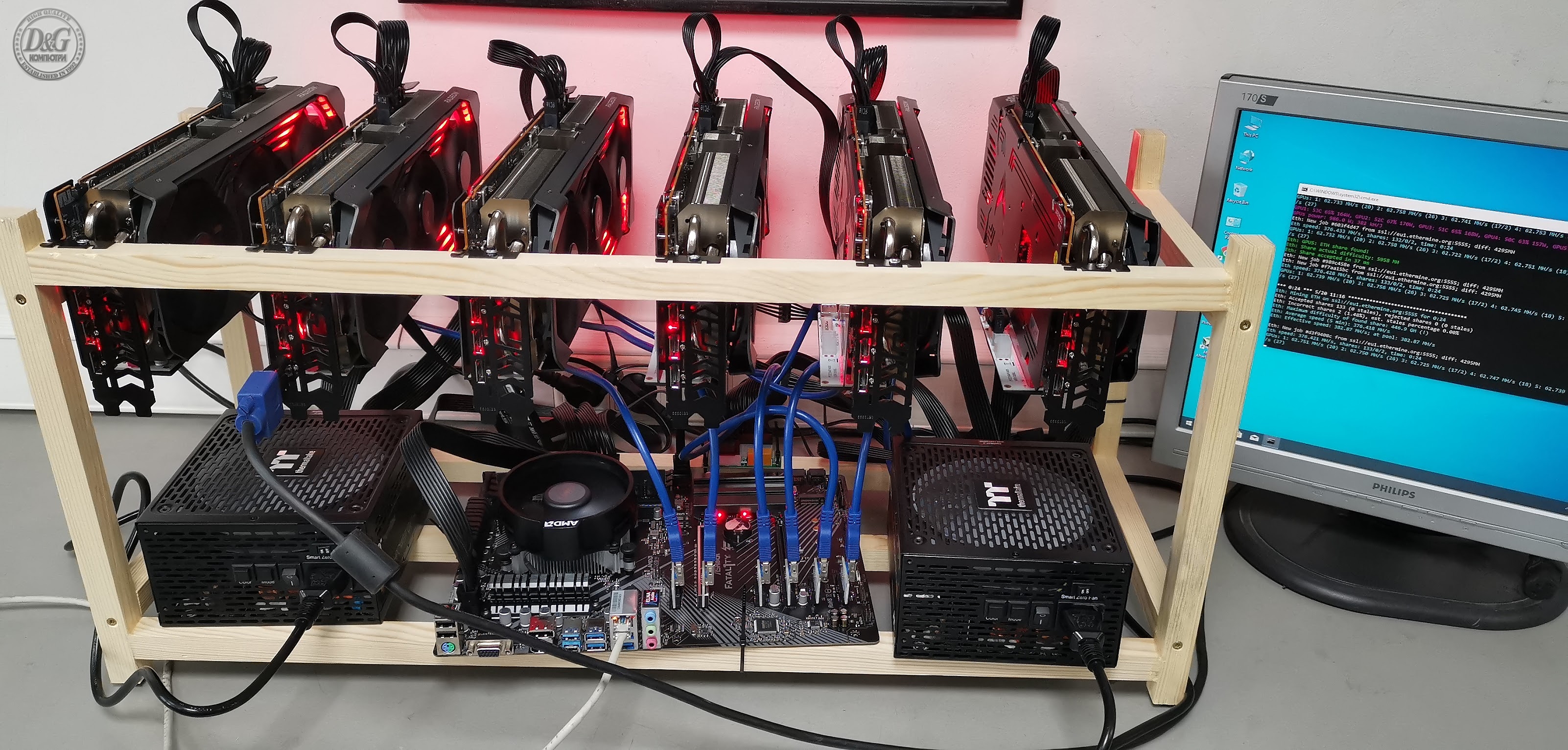 Копач за криптовалути с 6 GPU RX 6700XT 12GB