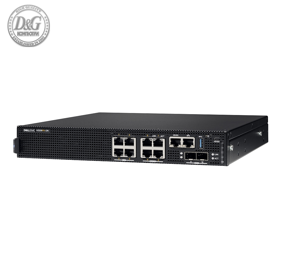 Dell EMC N3208PX-ON, 4x1G RJ-45, 4x1/2.5/5G RJ-45, 2x10G SFP+, PoE 90W, 1xAC PSU, IO/PS, OS6, Lifetime Limited Hardware Warranty