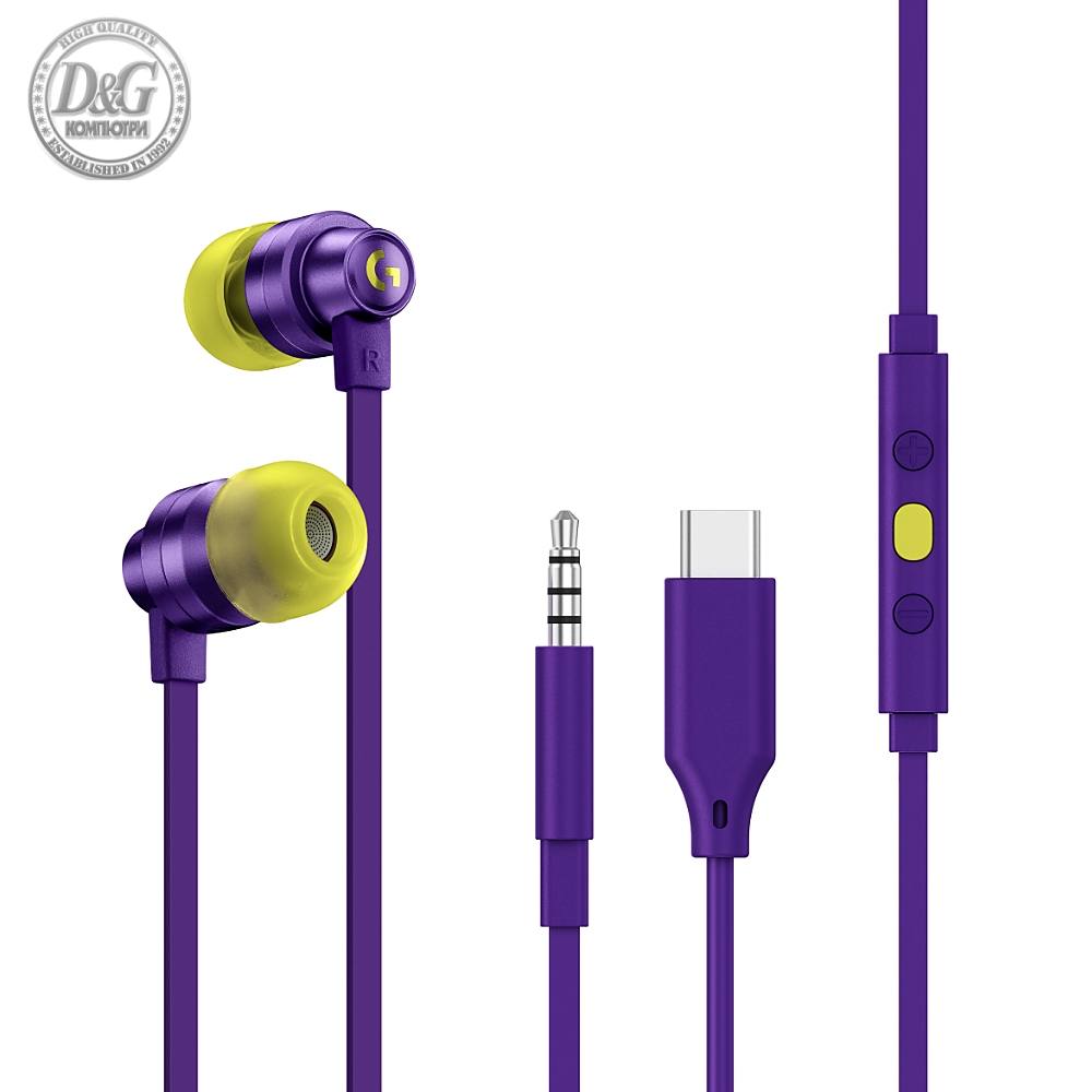 Геймърски слушалки с микрофон Logitech G333 In-ear 3.5 mm + USB-C adapter, тапи жични, лилави