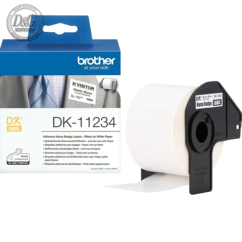 Brother DK-11234 Adhesive Visitor Badge Label Roll – Black on White, 60mm x 86mm