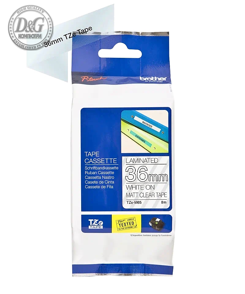 Brother TZe-M65 Matt Laminated Labelling Tape Cassette – White On Clear, 36mm wide