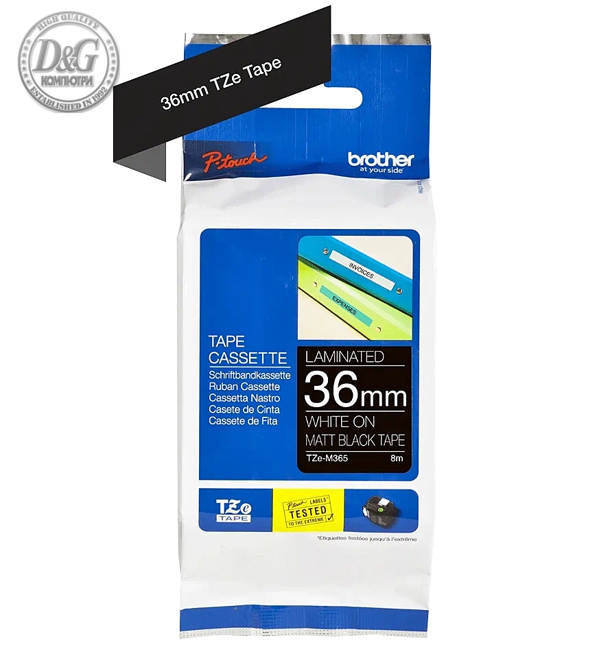 Brother TZe-M365 Labelling Tape Cassette – Matt Laminated White On Black, 36mm wide