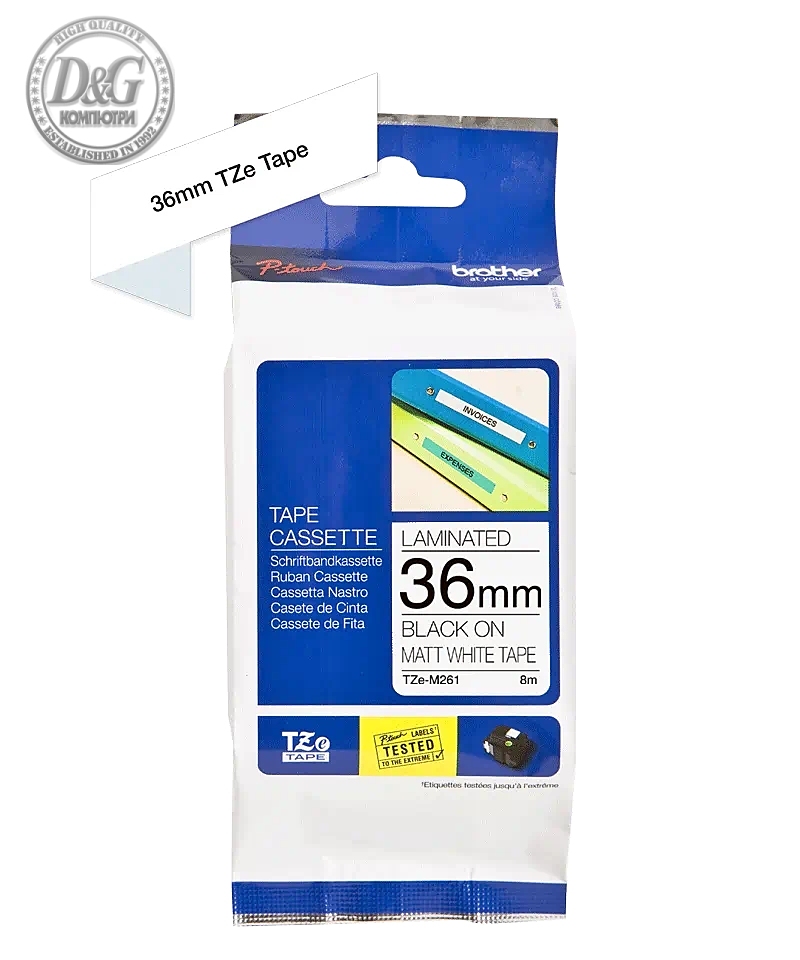 Brother TZe-M261 Matt Laminated Labelling Tape Cassette – Black on White, 36mm wide