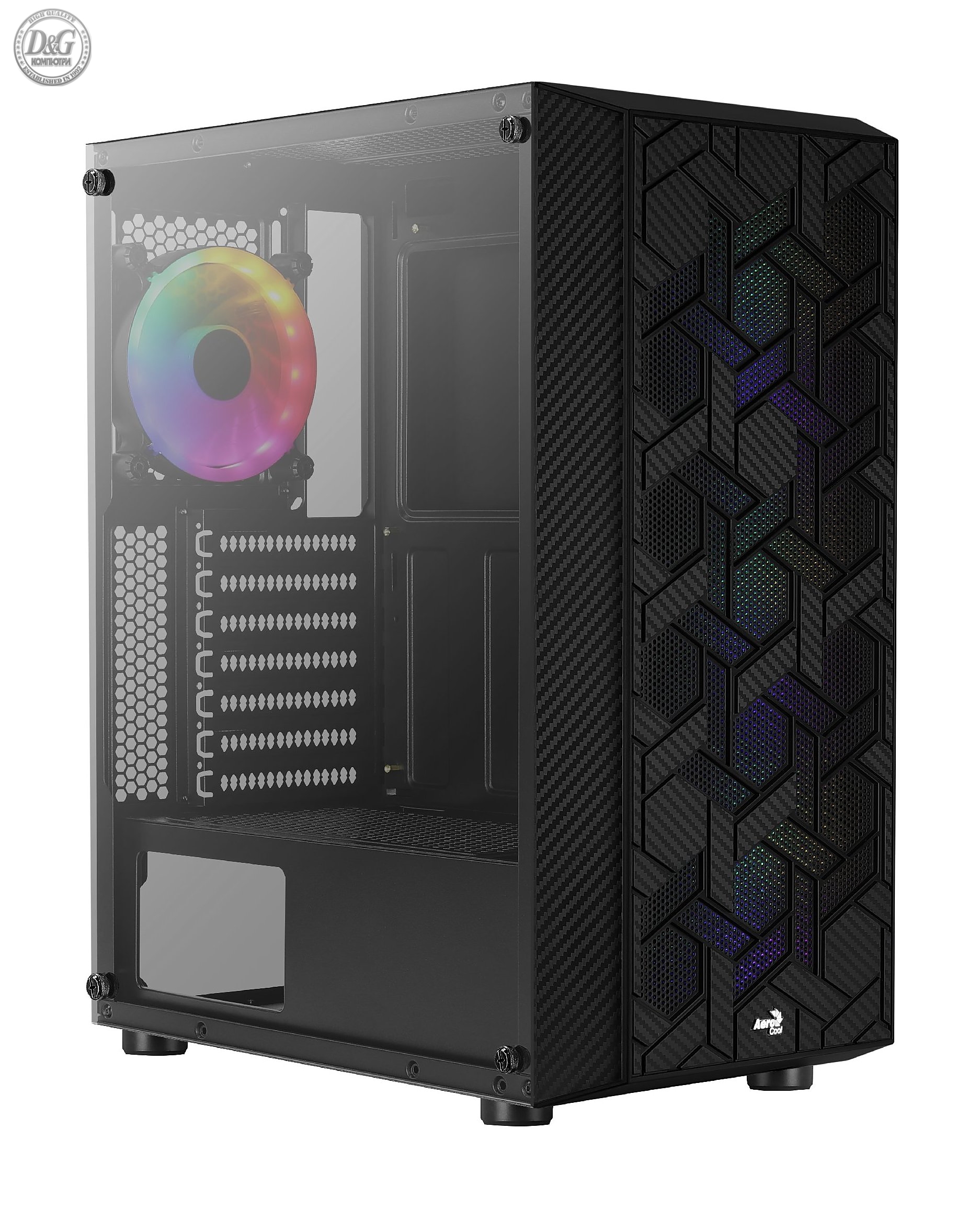 AeroCool кутия за компютър Case Hive v2 - Mesh panel, FRGB, Tempered Glass, 4 Fans - ACCM-PV27043.11